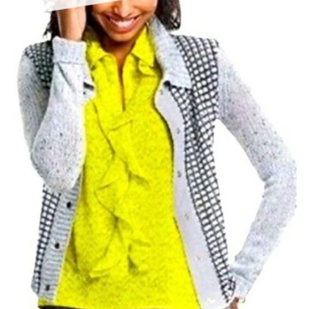 CAbi Chartreuse Yellow Ruffle Blouse with Abstract Pattern